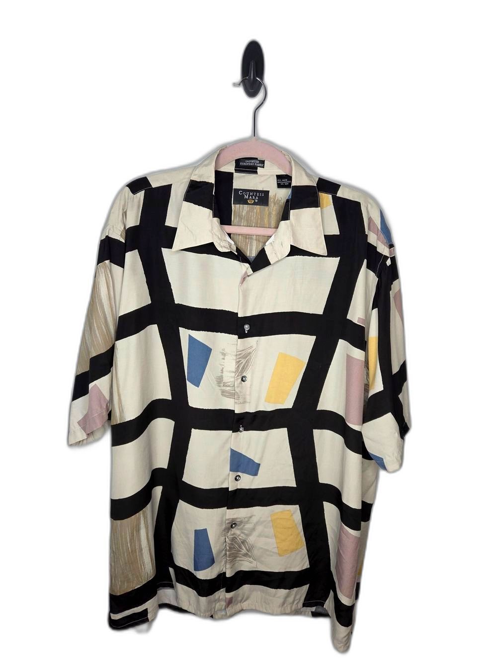 Countess Mara Men’s Patterned Short-Sleeve Shirt — Cream with Black Grid
